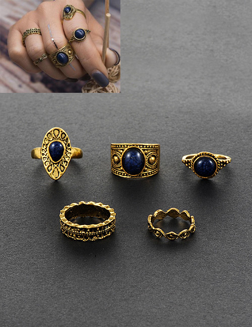 Retro Gold Color Round Shape Gemstone Decorated Simple Pure Color Rings(5pcs)