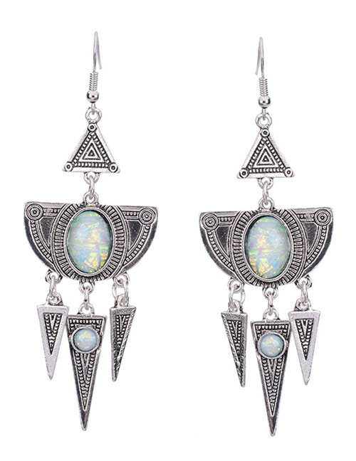 Vintage Silver Color Round Gemstone Decorated Triangle Design Earrings