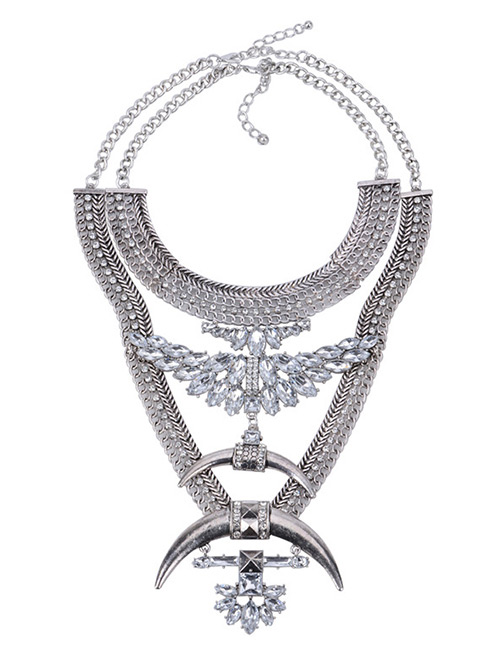 Exaggerate Silver Color Crescent Moon Shape Decorated Simple Pure Color Double Layer Necklace