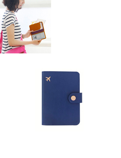 Fashion Blue Airplane Shape Pattern Decorated Pure Color Passport Wallet