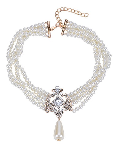 Elegant White Square Shape Diamond Decorated Simple Multilayer Necklace