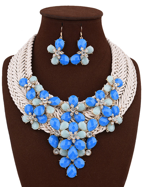 Bohemia Blue Flower Shape Decorated Simple Hand-woven Design Jewelry Sets