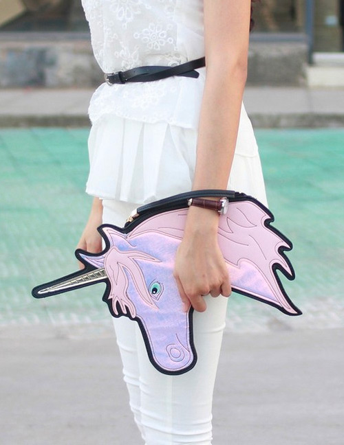 Fashion Pink Unicorn Shape Decorated Simple Color Matching Handbag