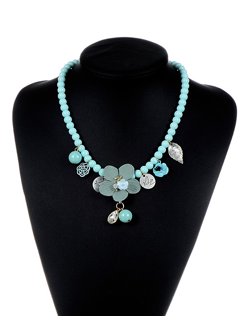 Fashion Blue Flower&beads Decorated Color Matching Simple Necklace