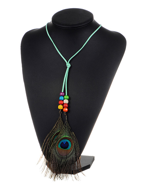 Fashion Light Green Feather&beads Decorated Color Matching Simple Necklace