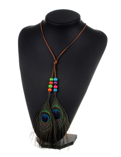 Fashion Coffee Feather&beads Decorated Color Matching Simple Necklace