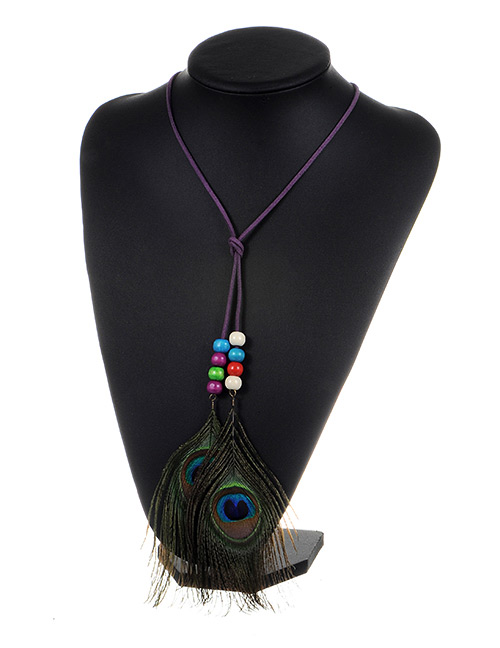 Fashion Purple Feather&beads Decorated Color Matching Simple Necklace