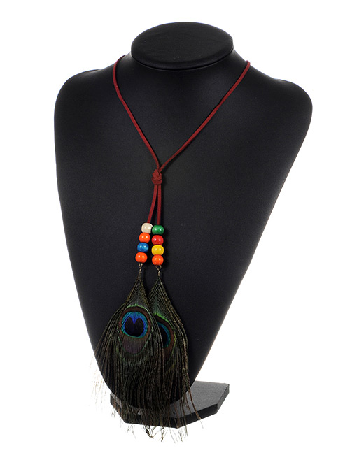 Fashion Red Feather&beads Decorated Color Matching Simple Necklace