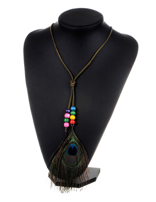 Fashion Green Feather&beads Decorated Color Matching Simple Necklace