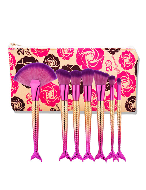 Trendy Multi-color Mermaid Shape Decorated Color Matching Cosmetic Brush (including Bag)(7 Pcs)