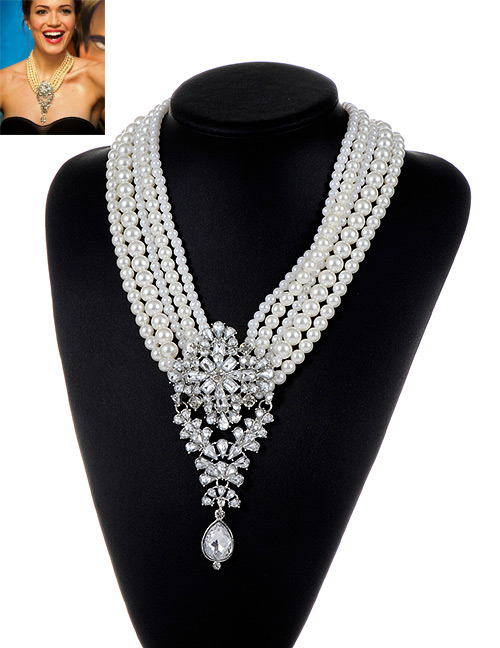 Fashion Milk White Pearl&diamond Decorated Multi-layer Design Simple Necklace
