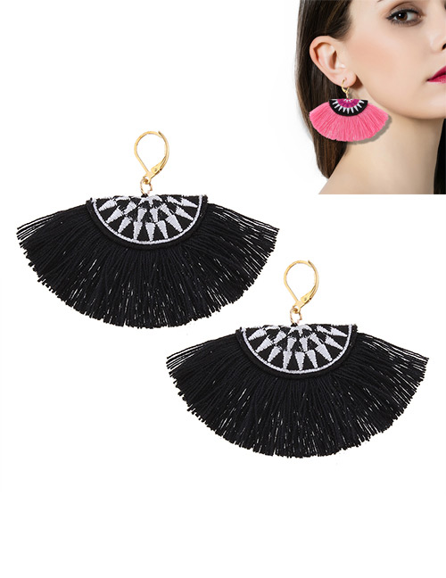 Bohemia Black Fan Shape Decorated Simple Tassels Short Earrings