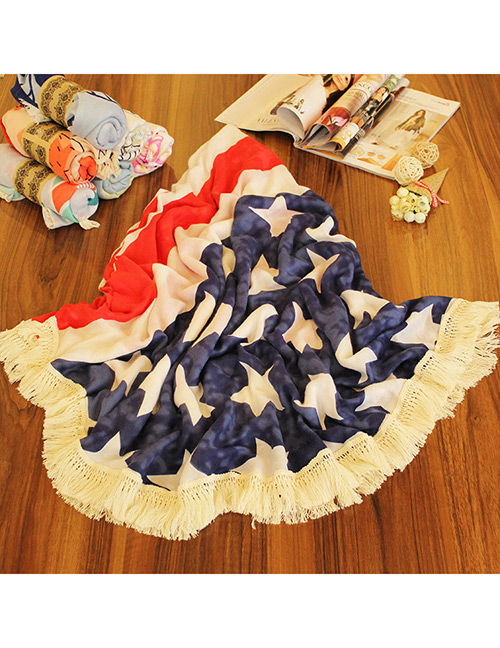 Fashion Blue+red National Flag Shape Pattern Decorated Simple Tassel Beach Scarf