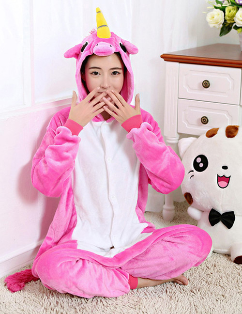 Lovely Plum-red Unicorn Design Color Matching Connection Pajamas
