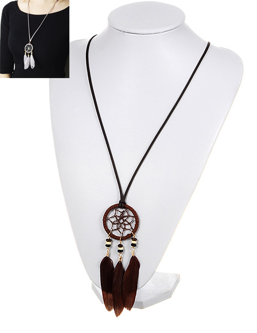Bohemia Brown Feather Pendant Decorated Necklace