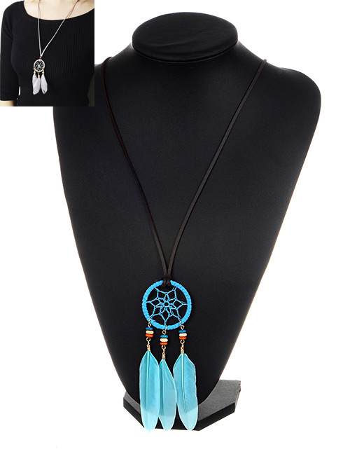 Bohemia Blue Feather Pendant Decorated Necklace