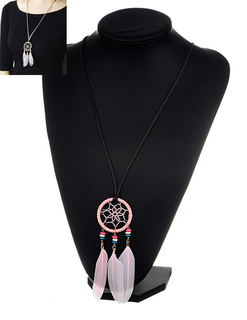 Bohemia Pink Feather Pendant Decorated Necklace