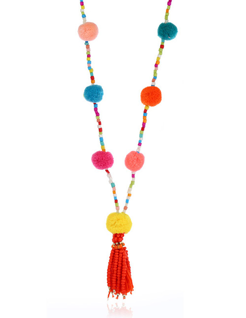 Fashion Multi-color Fuzzy Balls&beads Decorated Color Matching Pom Necklace