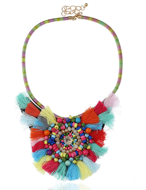 Fashion Multi-color Flower Decorated Color Matching Pom Necklace