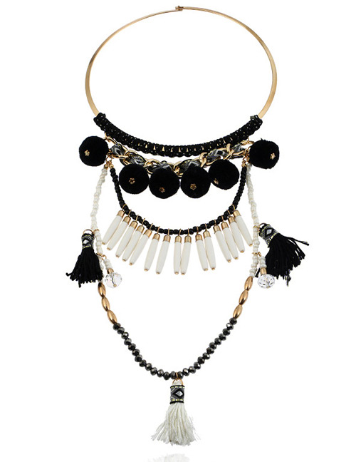 Fashion Black Fuzzy Balls&beads Decorated Color Matching Pom Necklace