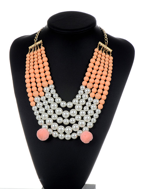 Fashion Pink Pearls&fuzzy Balls Decorated Multi-layer Pom Necklace