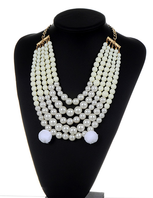 Fashion White Pearls&fuzzy Balls Decorated Multi-layer Pom Necklace