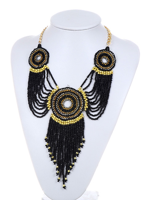Fashion Black Beads Decorated Long Tassel Design Necklace