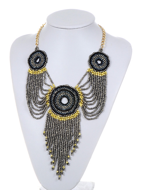 Fashion Gray Beads Decorated Long Tassel Design Necklace