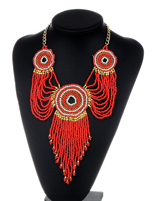 Fashion Red Beads Decorated Long Tassel Design Necklace
