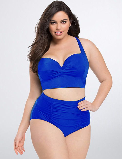 Fashion Sapphire Blue Pure Color Decorated Large Size Swimsuit