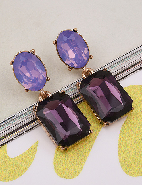 Exaggerated Purple Square Shape Gemstone Decorated Pure Color Earrings