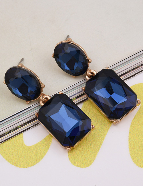 Exaggerated Dark Blue Square Shape Gemstone Decorated Pure Color Earrings
