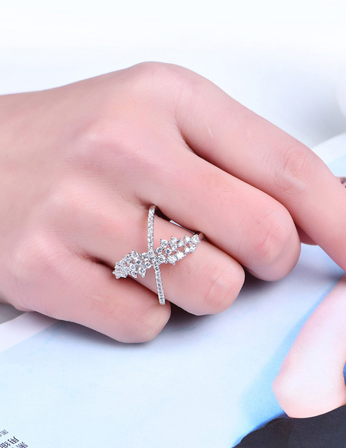 Fashion Silver Color Full Diamond Decorated Cross Design Ring
