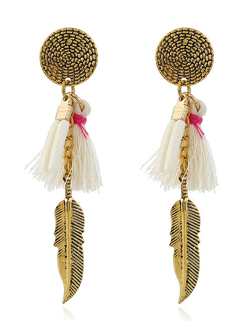 Trendy White Tassel&leaf Decorated Color Matching Simple Earrings