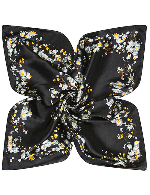 Trendy Black Flower Pattern Decorated Square Shape Simple Scarf