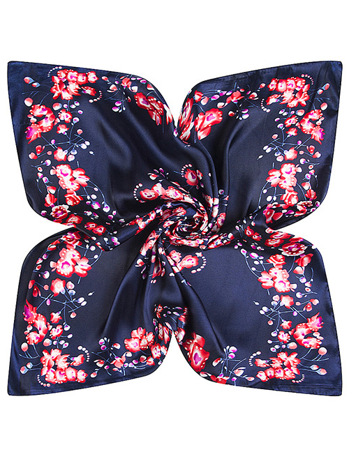 Trendy Navy Flower Pattern Decorated Square Shape Simple Scarf