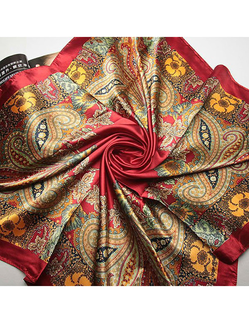 Trendy Red Flower Pattern Decorated Color Matching Square Scarf