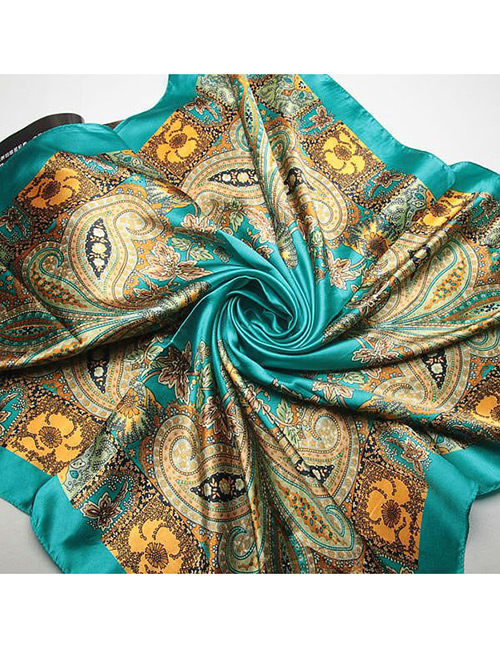 Trendy Lake Blue Flower Pattern Decorated Color Matching Square Scarf