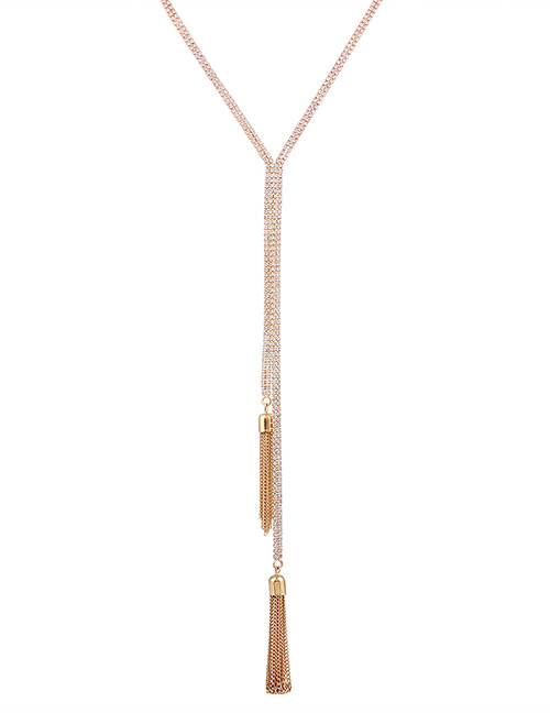 Fashion Gold Color Diamond Decorated Tassel Pure Color Necklace