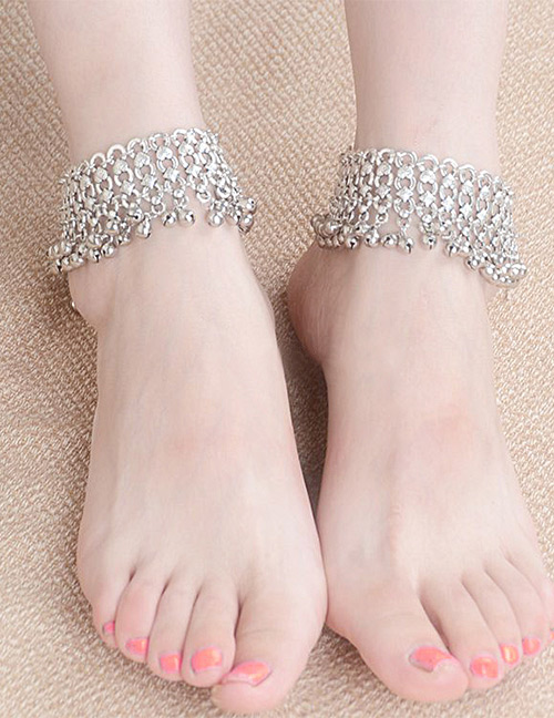 Trendy Ancient Silver Color Bells Decorated Hollow Out Pure Color Anklet