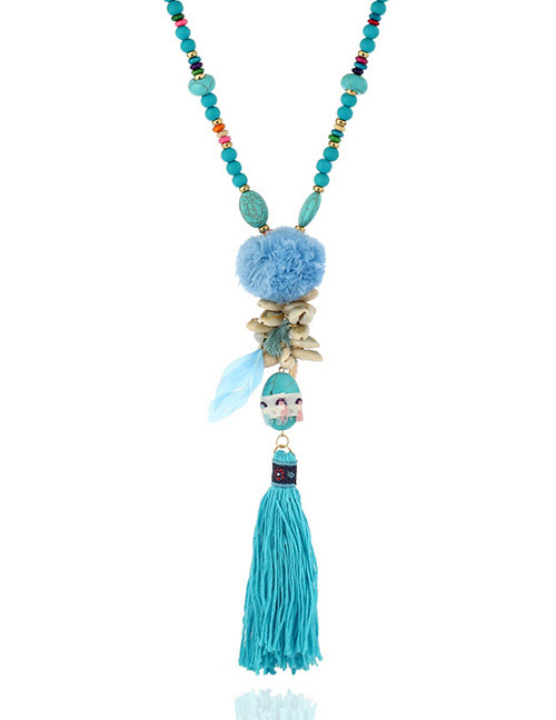 Fashion Dark Blue Tassel Pendant Decorated Long Necklace
