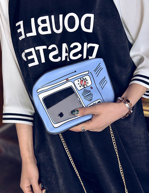 Fashion Blue Television Pattern Decorated Color Matching Sholder Bag