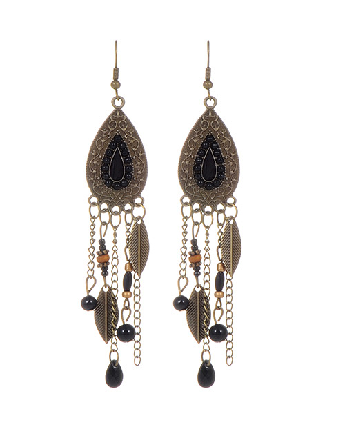 Fashion Black Leaf Decorated Water Drop Shape Simple Earrings
