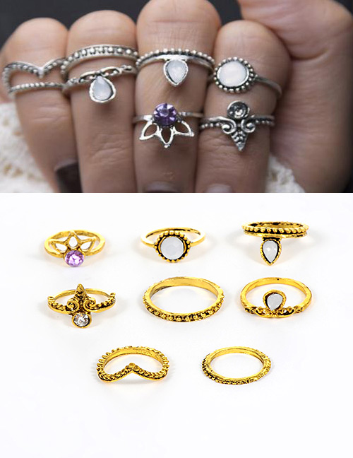 Fashion Gold Color Diamond Decorated Pure Color Simple Ring (8 Pcs)