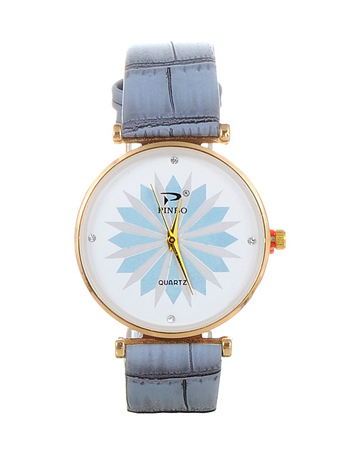 Fashion Light Blue Flower Pattern Decorated Round Dail Watch