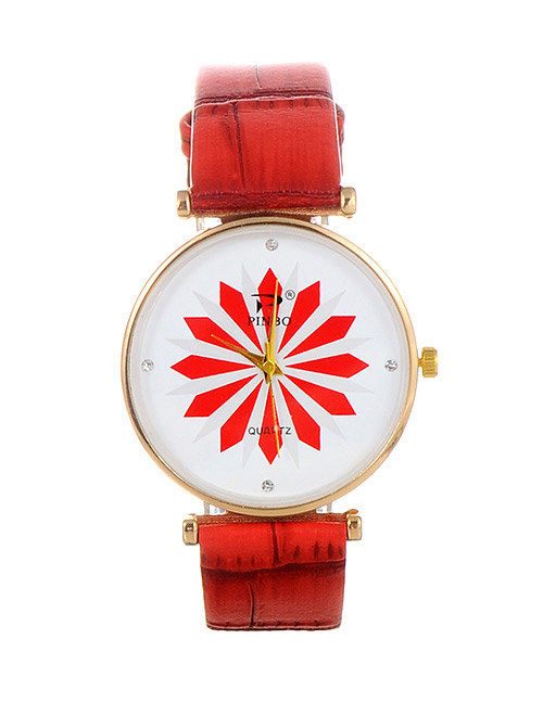 Fashion Red Flower Pattern Decorated Round Dail Watch