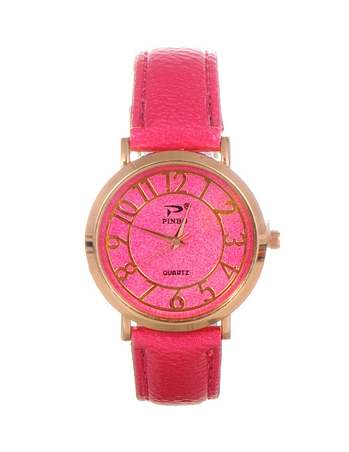 Trendy Plum Red Dail Shape Decorated Pure Color Simple Watch