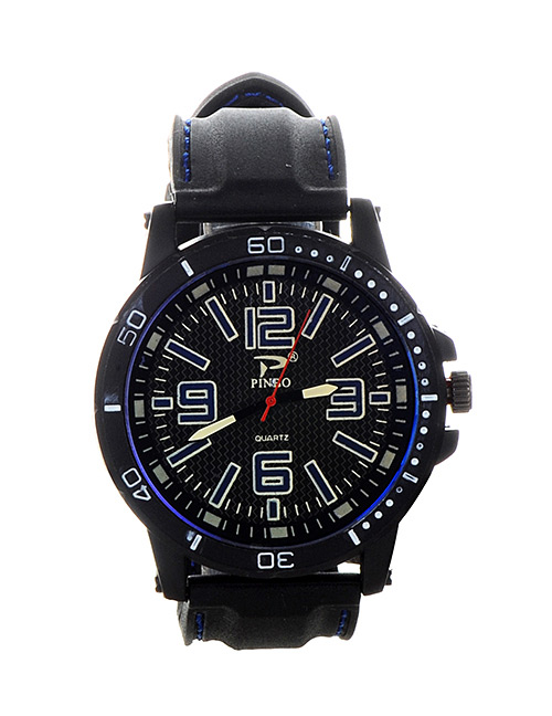 Trendy Sapphire Blue Digital Pattern Decorated Round Dail Watch