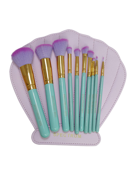 Lovely Green Pure Color Decorated Cosmetic Brush (10pcs +cosmetic bag)