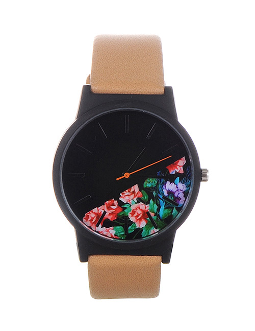 Fashion Khaki Flower Shape Pattern Decorated Watch